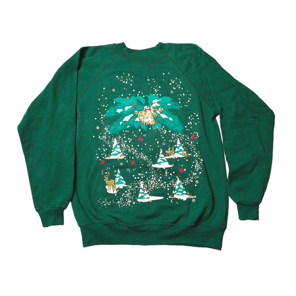 Vtg 90s Christmas Sweatshirt L Hanes Green Tropical Palm Tree Reindeer Glitter